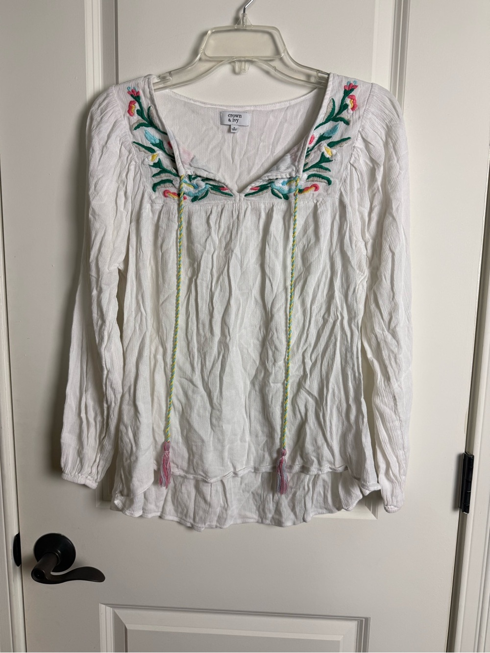 crown & ivy White Embroidered Peasant Tunic with Pink & Green Accents